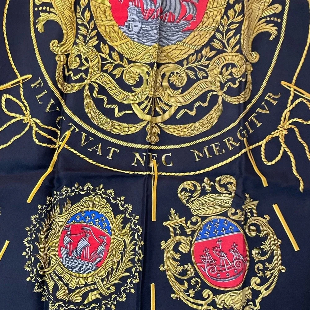 Hermes Les Armes de Paris Silk Scarf Womens Black Gold Coat of Arms Authentic